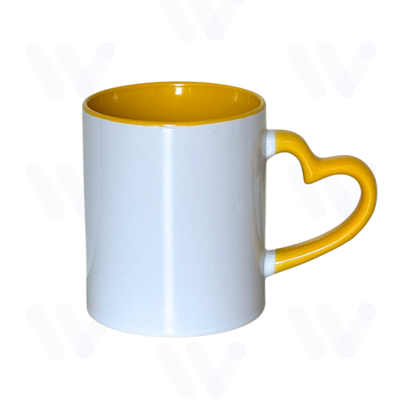 Caneca Love alça de coração Branca para Sublimação com Alça e Interior Amarelo